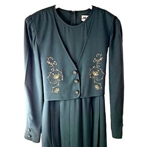 Vtg J.B.S. Women's 6 Dress Pleated Skirt Embroidered Accents Dark Green 42"L USA